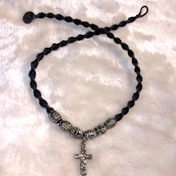 Jewelry - 🖤 16” BLACK MACRAME, SILVER CROSS & SILVER FLORAL BEADS TOGGLE CLOSURE NECKLACE